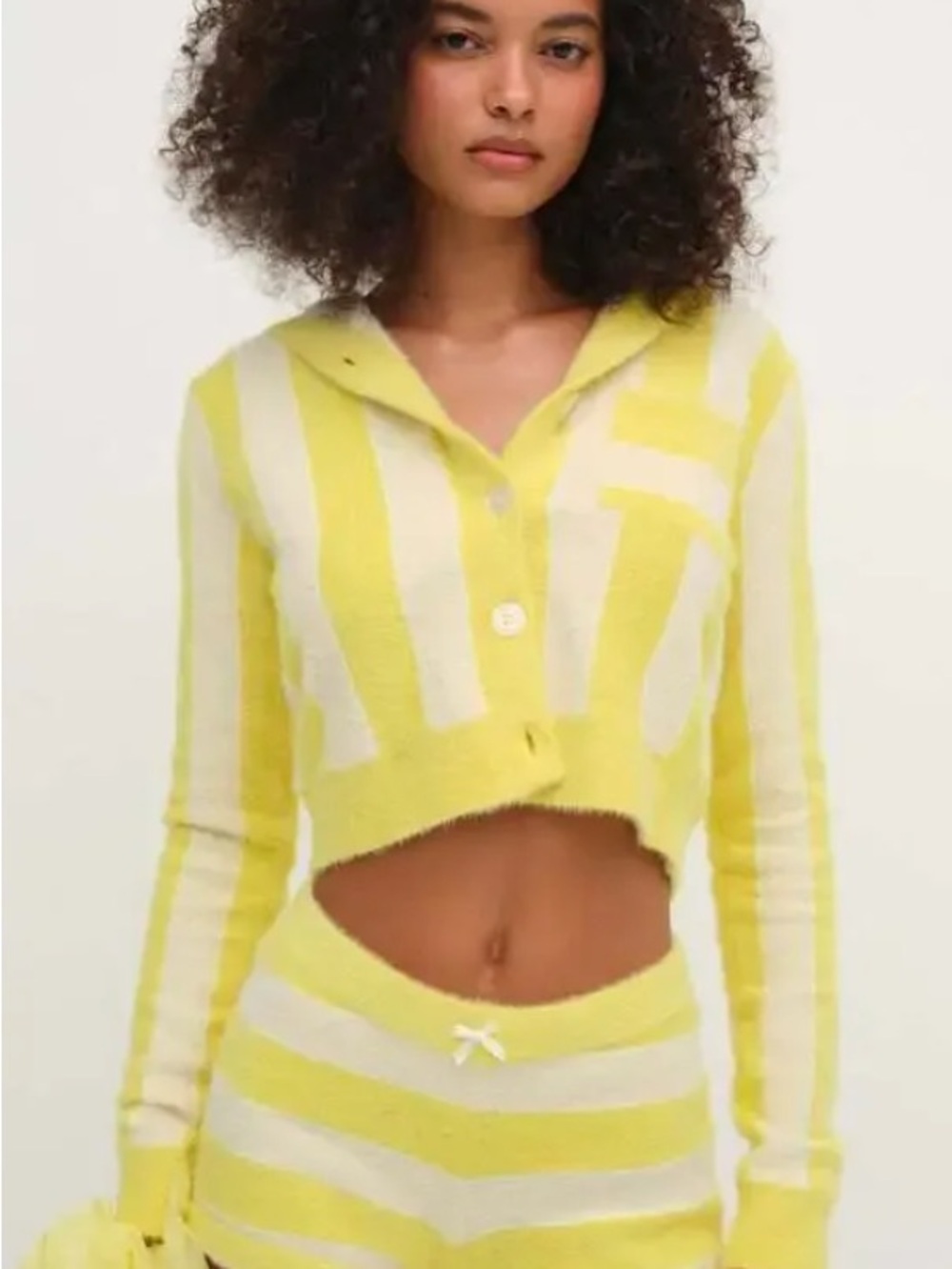For Love And Lemons Yellow and Cream Striped Cropped Cardigan